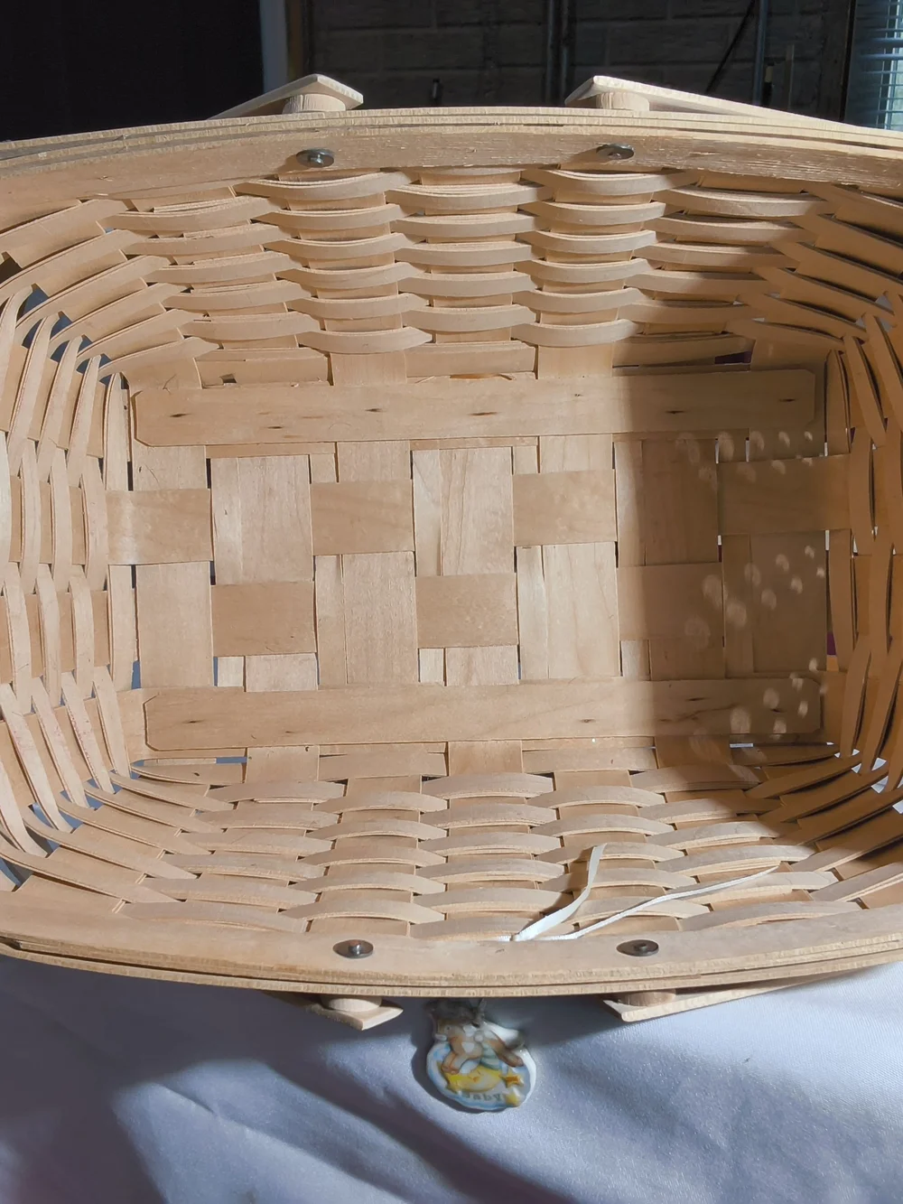Longaberger Natural Woven Wood Basket with Blue and Pink Accent Stripes